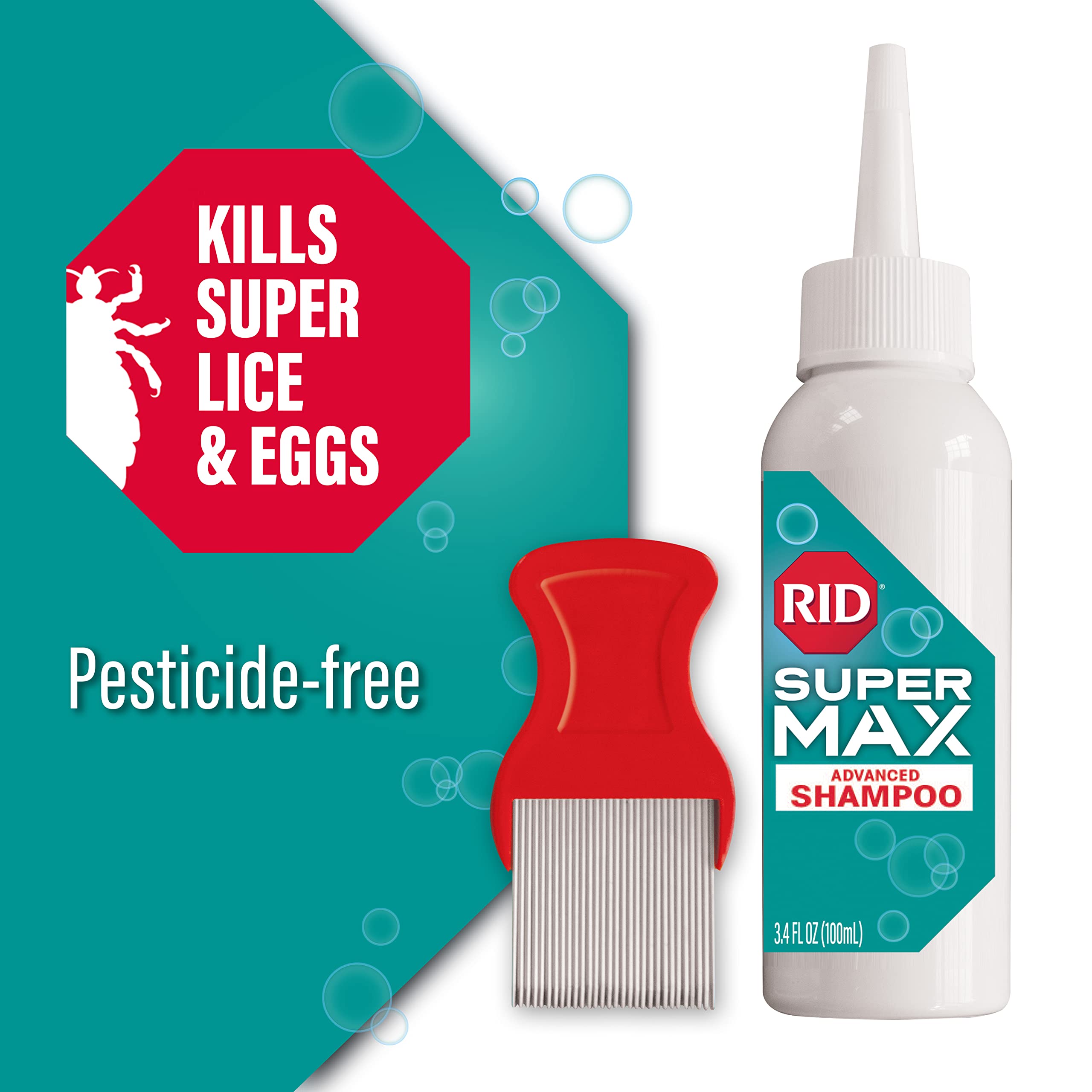 RID Super Max Advanced Shampoo Lice Removal Treatment, 3.4 Fl Oz, Includes Nit Removal Comb