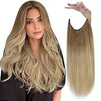 Fshine Human Hair Wire Hair Extensions Fish Wire Hair Extensions Invisible Wire Human Hair Extensions Ombre Light Brown to Golden Blonde Fish Line Human Hair Extensions for Women 20inch 80g