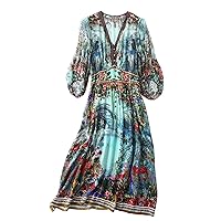 Women Dress Silk Floral Printed V Neck Half Sleeve Elastic Back Waist Blue Everyday Midi Skirt 2799