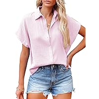 Dokotoo Casual V Neck Button Down Shirts for Women Solid Short Sleeve Blouse Tops