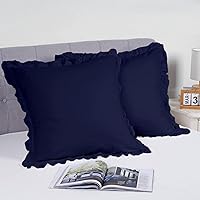 Ruffled Pillow Shams Navy Blue European Set of 2 Lace Pillowcases Shabby Chic Bright Farmhouse Ruffle Victorian Country French Decorative Pretty Princess Frilly Pillow Cover Cotton Cute 24