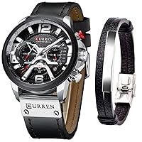 CURREN Watches Men's Quartz Leather Chronograph Watch and Fashion Bracelet Set Analogue Watches for Men Luxury Watch Gifts for Dad Friend, Chronograph