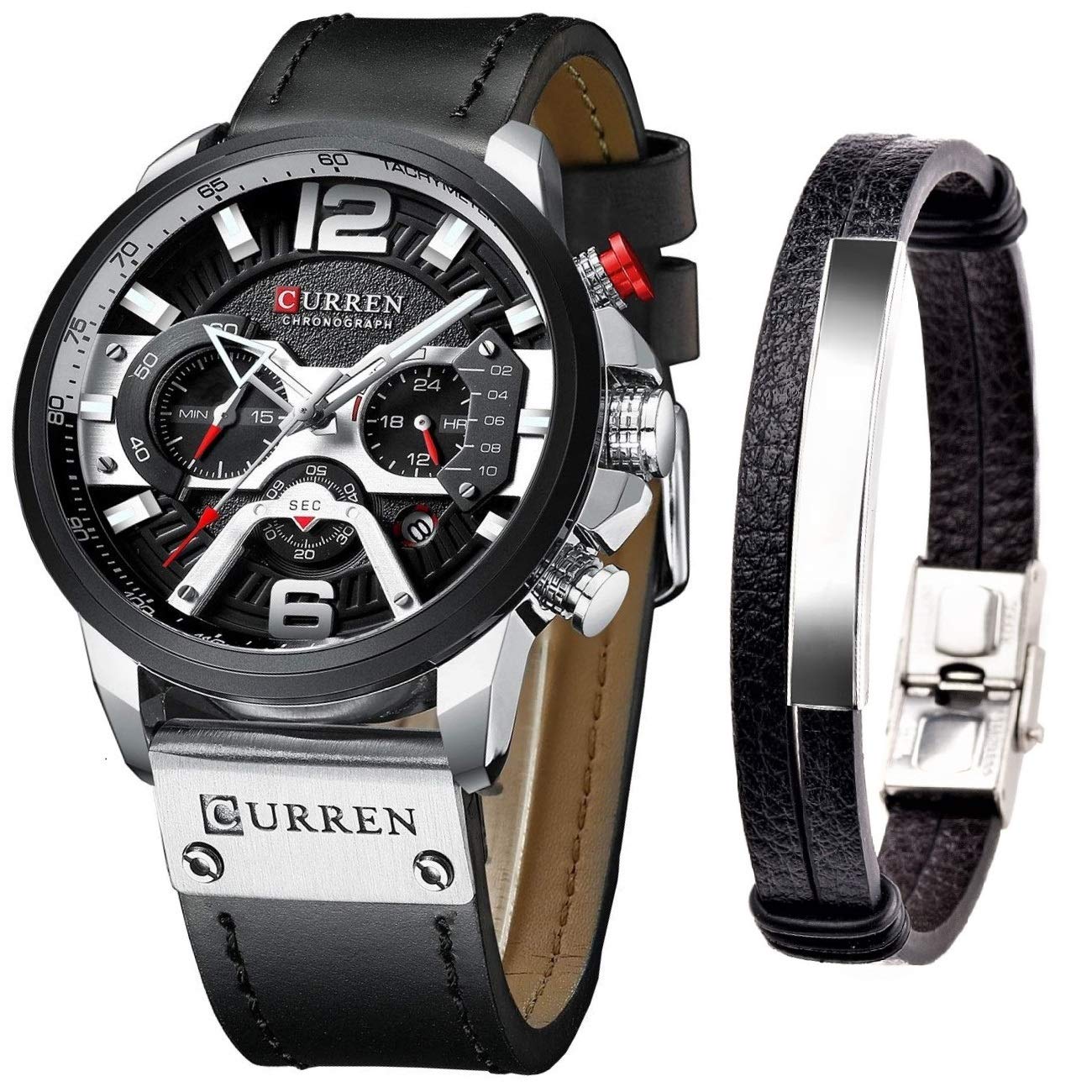 CURREN Uhren Herren Quarz Leder Chronograph Uhr und Mode Armband Set Analog Uhren für Männer Luxus Armbanduhr Geschenke für Papa Freund