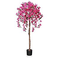 5FT Artificial Tree Tall Potted Fake Bougainvillea Trees for Outdoor Indoor Office Wedding Home Decor Lifelike Faux Plants with Wood Trunk and Pink Flowers