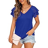 Summer Tops Double Lace Sleeve Shirts for Women V Neck Loose Casual Tee Tunics
