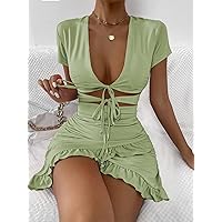 Women's Dress Tied Cutout Front Ruffle Trim Wrap Hem Dress Dresses for Women XIALON (Color : Lime Green, Size : Medium)