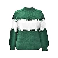 Womens Turtleneck Color Block Sweaters Fall Winter Long Sleeve Chunky Knit Jumper Casual Patchwork Pullover Sweater Tops