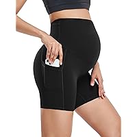 HOFISH Women's Maternity Yoga Shorts Over The Belly Summer Workout Running Active Short Pants with Pockets Black M