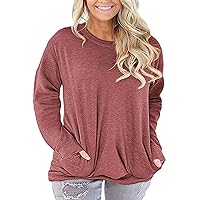 PLOKNRD Women Plus Size Casual Round Neck Long Sleeve Fit Tunic Top Baggy Comfy Blouse with Pockets