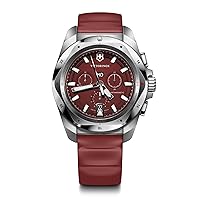 Victorinox I.N.O.X. Chrono 43mm Mens Watch - Silver Stainless Steel Case, Red Dial, and Red Rubber Strap