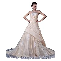 Champagne Strapless Taffeta Side Drape Prom Dress With Lace Appliques