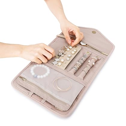 BAGSMART Travel Jewelry Organizer Roll Foldable Jewelry Case for Journey-Rings, Necklaces, Bracelets, Earrings, Soft Pink