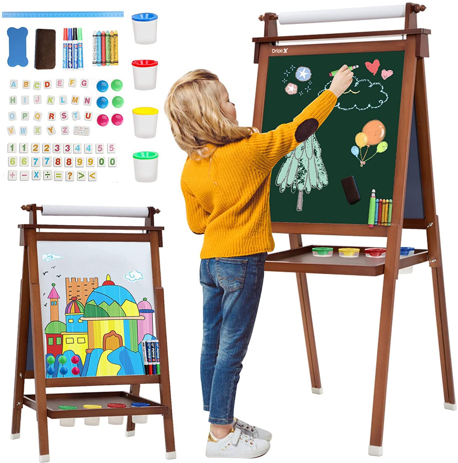 Dripex Kids Art Easel with Paper Roll Double Sided Toddler Easel Chalkboard and Magnetic Dry Erase Board for Kid Painting and Drawing, Multiple Kids Art Supplies Included Reddish Brown