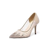 Vertundy Women's Rhinestone Mesh Pumps - Closed Pointed Toe Stiletto Heels Slip On Fashion Dress Shoes for Party Wedding