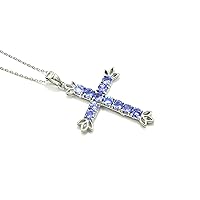 Natural Tanzanite 4 MM Round Gemstone Holy Cross Pendant Necklace 925 Sterling Silver December Birthstone Women Jewelry Engagement Gift For Her (PD-8465)