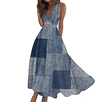 Marble Flowy Sundress,Sleeveless Fashion 2024 Summer Party Long Formal Dress Print V Neck Swing A-line Dresses