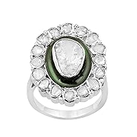 1.00 CTW Natural Diamond Polki Cocktail Ring 925 Sterling Silver Platinum Plated with Green Enamel Slice Diamond Jewelry