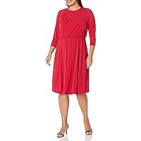 London Times Women's Versatile Jewel Draped Neck Blouson 3/4 Sleeve Jersey Dress