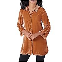 Velour Long Shirt for Women Fashion Long Sleeve Velvet Shirt Blazer Button Down Tunic Tops Slouchy Lapel Soft Blouse