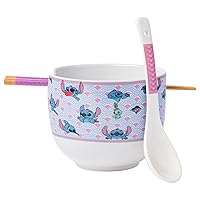 Silver Buffalo Lilo and Stitch Scrump Waves Japanese Pattern Ceramic Ramen Noodle Rice Bowl with Chopsticks and Spoon, Microwave Safe, 20 Ounces