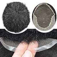 Afro Curl Mens Toupee 8X10 French Lace Front Kinky Curly Human Hair African American Mens Wig Hair System Replacement for Black Men Natural (6MM Afro Wave, 1B10 Off Black+10% Gray)
