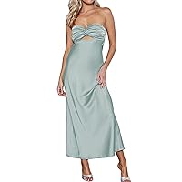 Summer Satin Backless Twist Knot Strapless Maxi Dress for Women Cowl Back Hollow Out Sexy Tube Dresses Wedding Guest