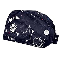 2 Pieces Working Cap with Button Printed Bouffant Turban Cap Adjustable Bouffant Hair Cover Dark Blue Pattern