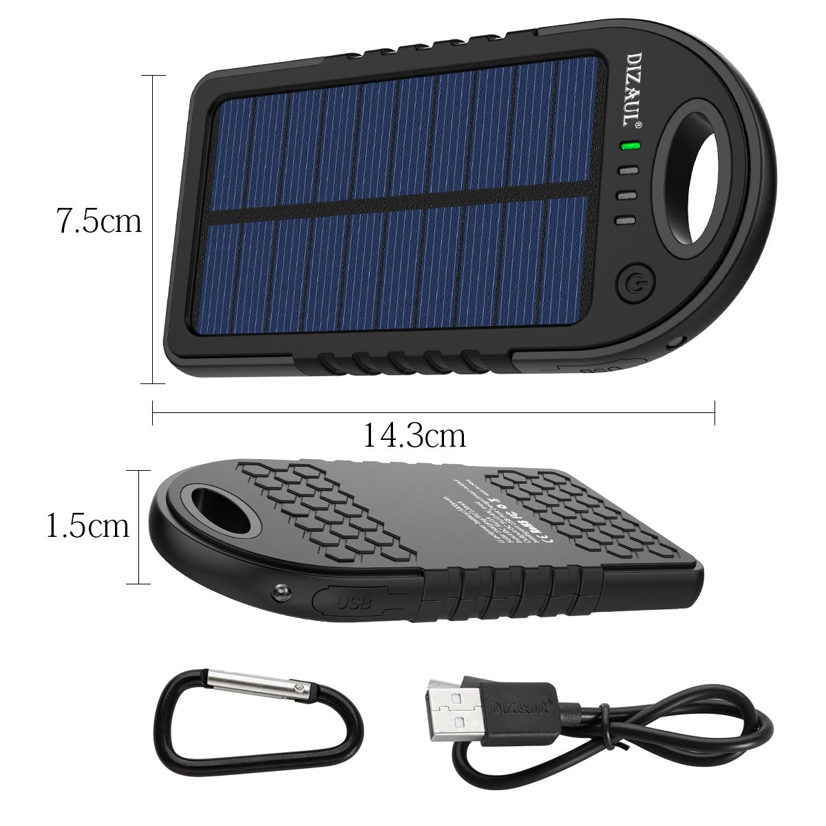 Dizaul Solar Charger, 5000mAh Portable Solar Power Bank Waterproof/Shockproof/Dustproof Dual USB Battery Bank Compatible with Smartphones,iPhone,Samsung,Android Phones,Windows Phones,GoPro,GPS