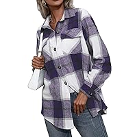 Cashmere Plaid Shirts for Women Button Down Shacket Jacket Long Sleeve Boyfriend Blouses Tops with Pockets