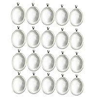 20pcs Oval Pendant Trays with Glass Cabochons 20pcs Glass Dome Tiles Cabochon for Crafting DIY Jewelry Making (Silver, 18 * 25mm)