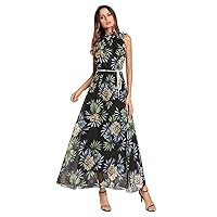 High Neck Maxi Dress - Summer Floral Print Chiffon Sleeveless Long Bohemian Dress for Women