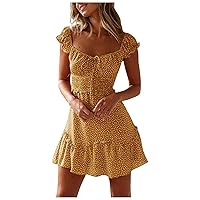 Summer Dresses for Women 2024 Boho Square Neck Puff Sleeve Mini Dress Smocked Tiered Ruffle Swing A Line Short Sundress