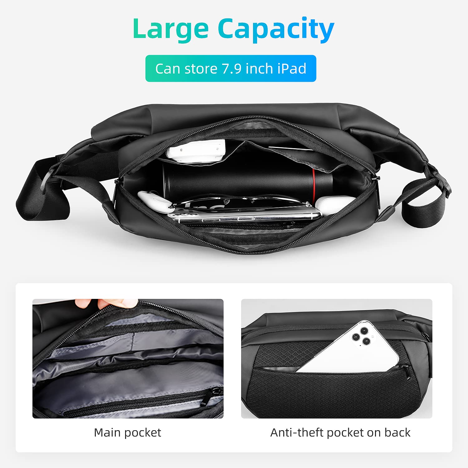 MARK RYDEN Crossbody Fanny Pack for Men, Waterproof Shoulder Chest Bag with Strong Double Face Sew Magnetic Snap, Adjustable Waist Bag for Traveling, Sporting, Cycling, Daily
