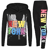 Black New York Hooded Set Long Sleeve Hood Top Matching Leggings 2 Piece Summer Outfit Girls Age 5-13