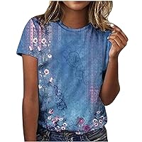 Womens Dressy Tops, Women's Fashion Casual Short Sleeve Flower Print Round Neck Pullover Top Blouse