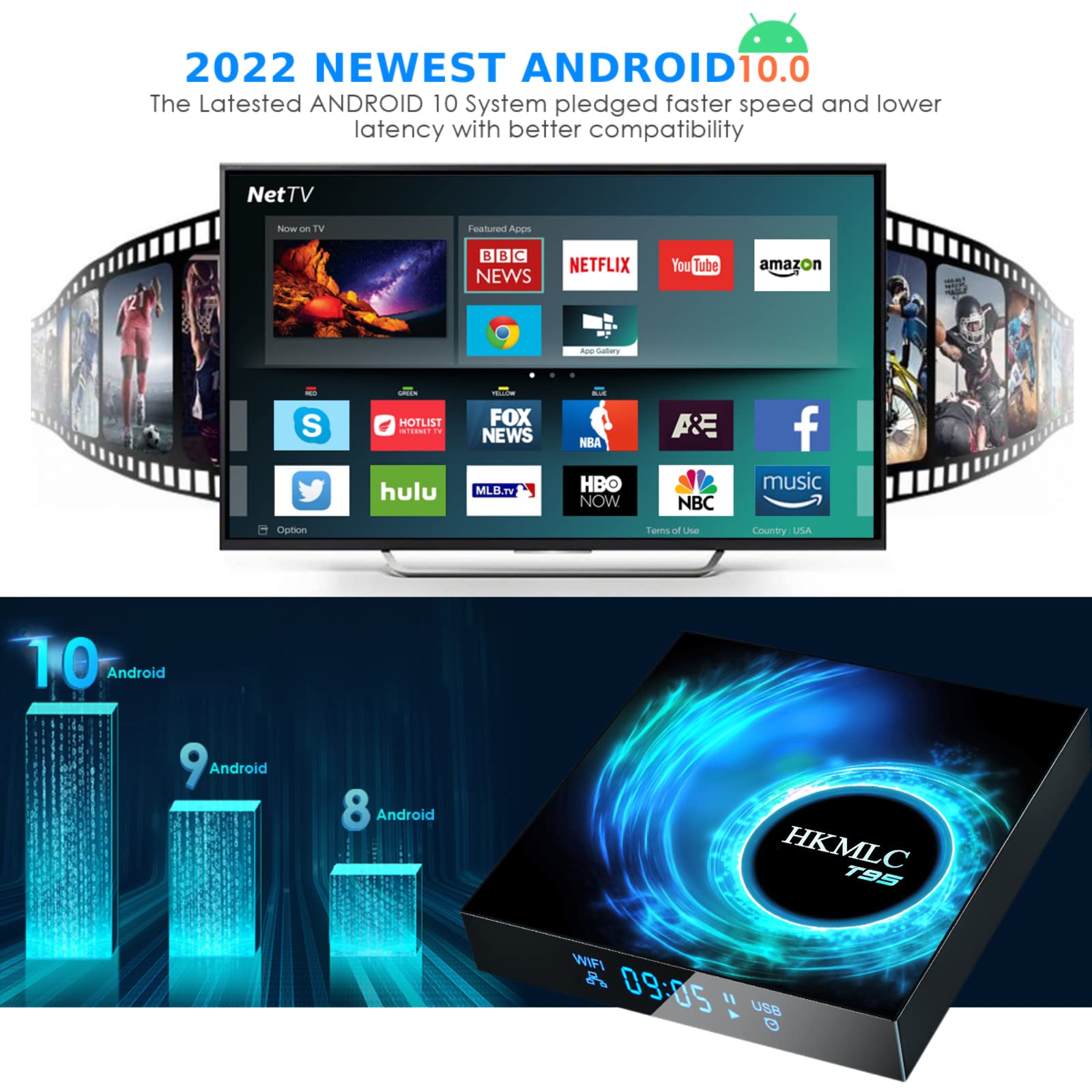 HKMLC Android TV Box, Android Box 4GB ROM 128GB RAM with Wireless Mini Keyboard, Android TV Box Allwinner H616 Quad-Core 64bit with Dual WiFi 2.4G/5.8G 3D 4K/6K USB 3.0 HDR TV Box