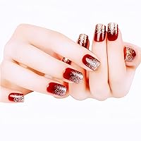 24 Sheet Short Fake Nails with Glue Design Press On Nails for Women Acrylic Bride False Nail Tips Full Cover Manicure Art French False Nail Tips for Women Girls Wine Red
