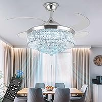42 Inch Crystal Ceiling Fans with Lights, Modern Dimmable Fandelier LED Remote Control Retractable Invisible Blades Indoor Reversible Ceiling Light Kits with Fans for Decorate Living Room Bedroom