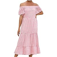 2021 Women Sexy Shoulder Neck Short Sleeve Plaid Print Flowy Dress(A)