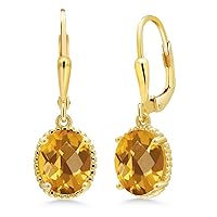 Gem Stone King 18K Yellow Gold Plated Silver Yellow Citrine Leverback Dangle Earrings For Women (3.30 Cttw, Gemstone November Birthstone, Oval Checkerboard 9X7MM)