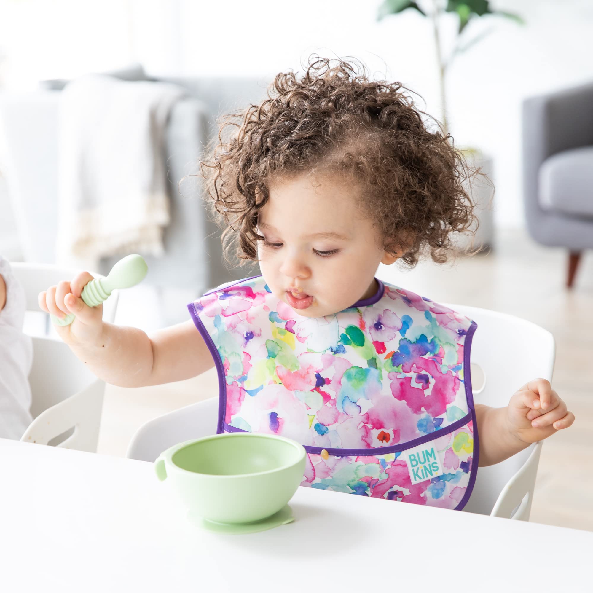 Bumkins Baby Bowls, Silicone Baby Feeding Set, Suction Bowls for Baby and Toddler with Spoon and Lid, First Feeding Set, Platinum Silicone Bowl for Babies 4 Months Up