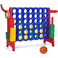 Giant 4 in a Row Connect Game, Jumbo 4 to Score Game Set w/ 42 Chess Rings, Basketball & Hoop, Toss Rings & Quick-Release Lever, Indoor & Outdoor Family Party Game for Kids & Adults, Red