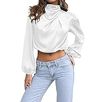 Womens Long Sleeve High Neck Satin Tops Pleated Loose Elegant Tops Long Sleeve Chiffon Solid Blouses Ladies Work T-Shirts
