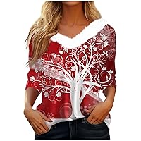 Womens Long Sleeve Tops Christmas V Neck Fleece Shirts Snow People Print Tee Blouses Casual Work Winter Clothes