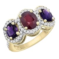 PIERA 14K Yellow Gold Natural Quality Ruby & Amethyst 3-stone Mothers Ring Oval Diamond Accent, size 5-10