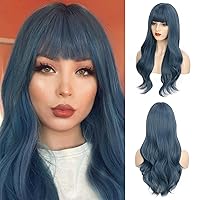 FORCUTEU Blue Wig Long Blue Wig with Bangs Long Wigs for Women Long Wavy Synthetic Heat Resistant Fiber Wigs for Party Halloween Daily Use