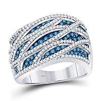 The Dimond Deal 10kt White Gold Womens Round Blue Color Enhanced Diamond Striped Fashion Ring 1-1/3 Cttw