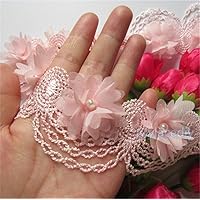 2 Meters Chiffon Flower Pearl Lace Edge Trim Ribbon 6 cm Width Vintage Style Pink Edging Trimmings Fabric Embroidered Applique Sewing Craft Wedding Bridal Dress Embellishment DIY Clothes Decor