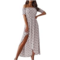 Women's Bohemian Flowy Round Neck Trendy Dress Swing Casual Summer Short Sleeve Long Floor Maxi Print Beach White