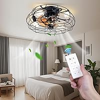 Caged Ceiling Fans with Lights and Remote, 20'' Black Flush Mount Ceiling Fan, Bladeless 6 Speed Timing Ceiling Fan with Indoor and Outdoor, Dimming